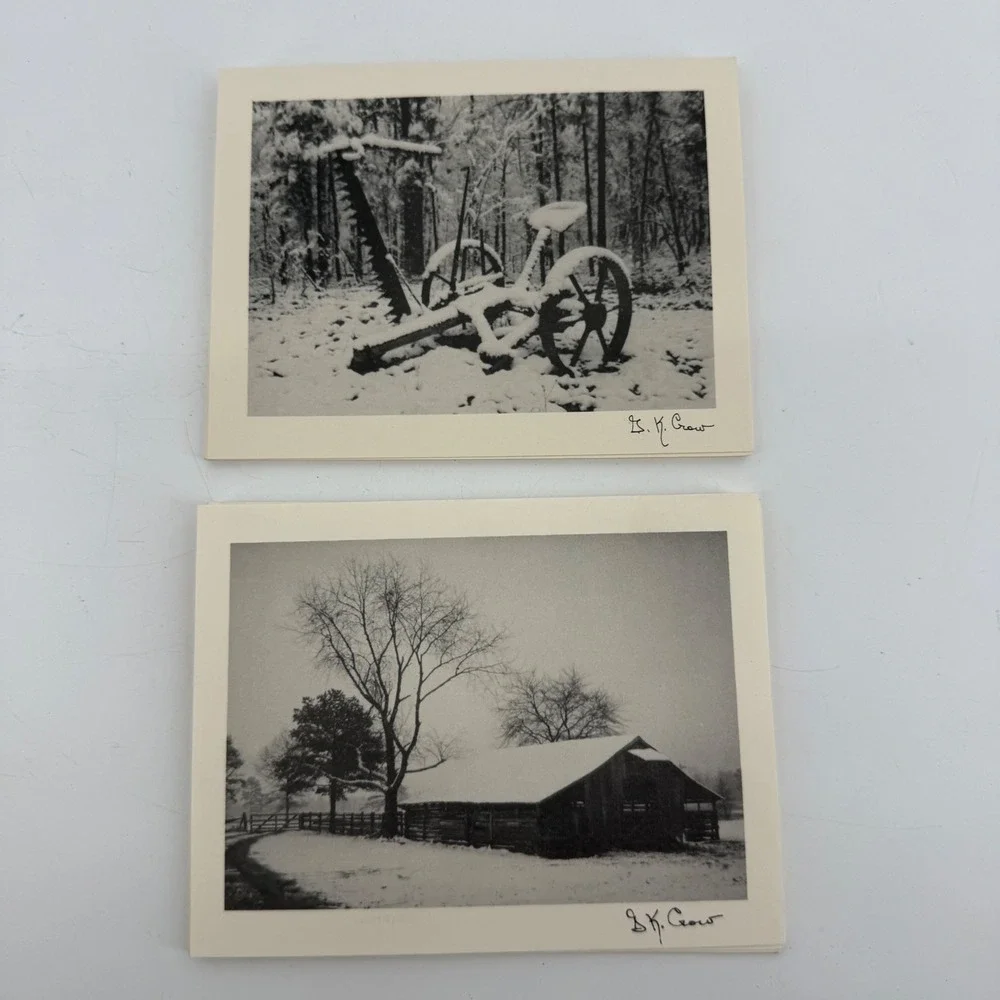 B.K. Crow Winter Landscape Blank Note Cards Set of 8 Rustic Barn Farm Snow B&W